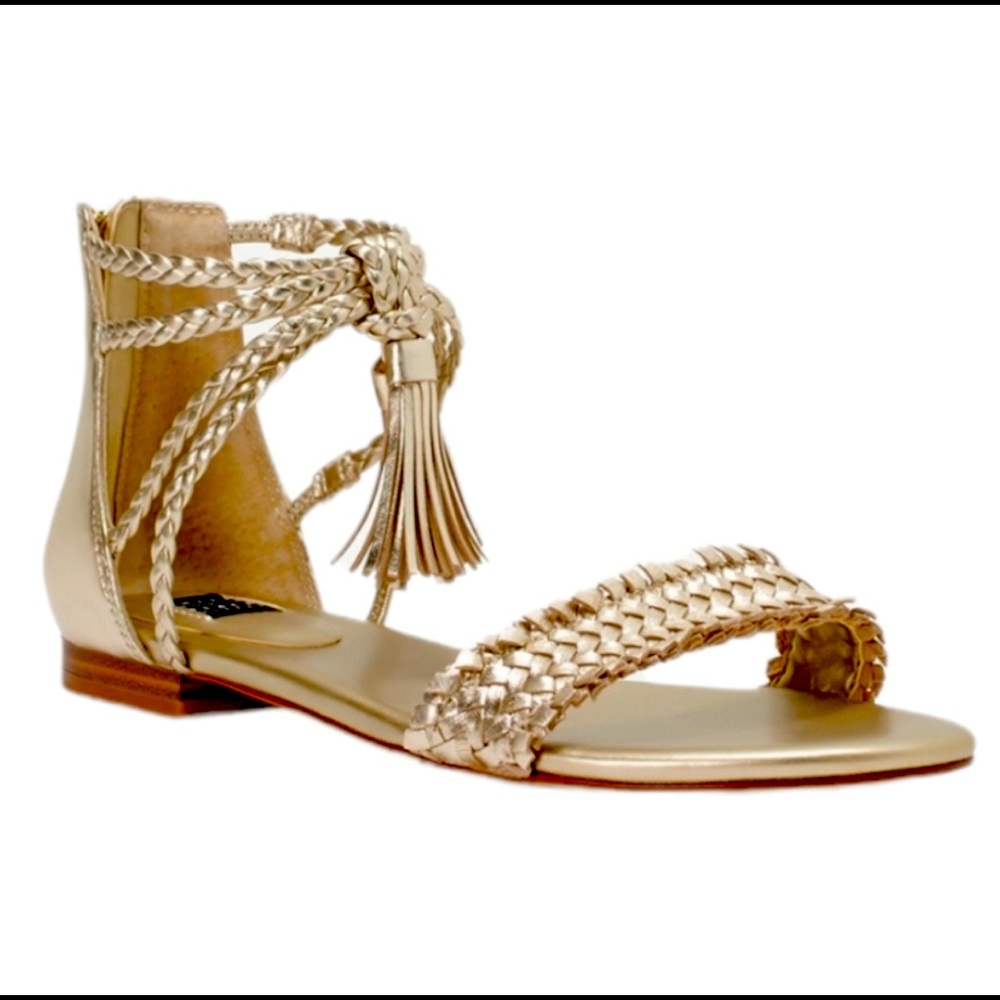 White House Black Market | Gold Braided Leather Flat Sandals Size 10M